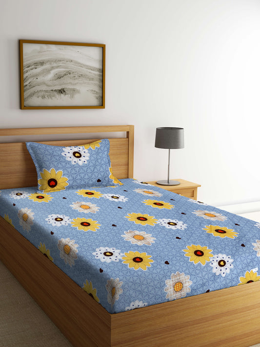 Arrabi Grey Floral TC Cotton Blend Single Size Bedsheet with 1 Pillow Cover (215 X 150 cm)