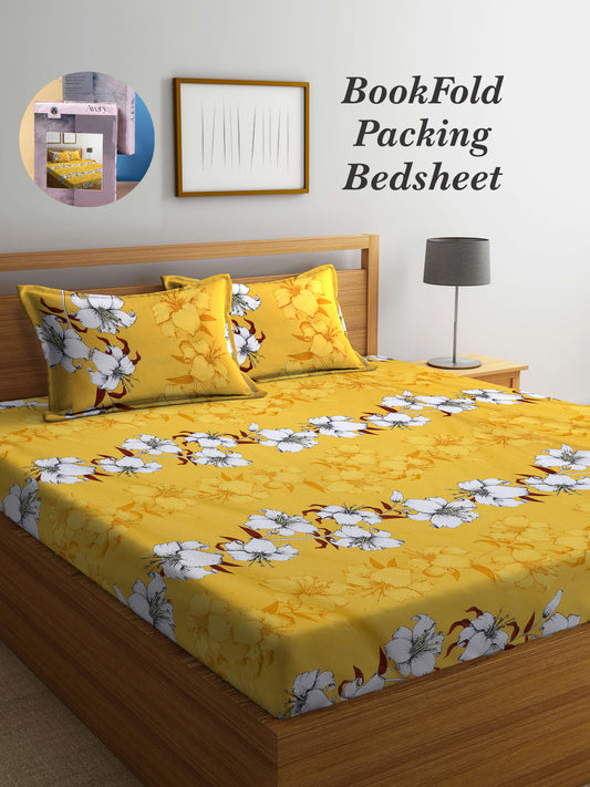 Arrabi Yellow Floral TC Cotton Blend King Size Bookfold Bedsheet with 2 Pillow Covers (250 X 215 cm)