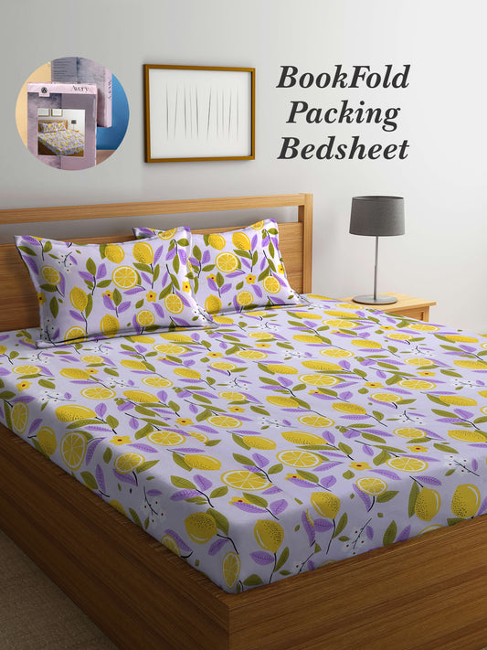 Arrabi Purple Leaf TC Cotton Blend King Size Bookfold Bedsheet with 2 Pillow Covers (250 X 215 cm)
