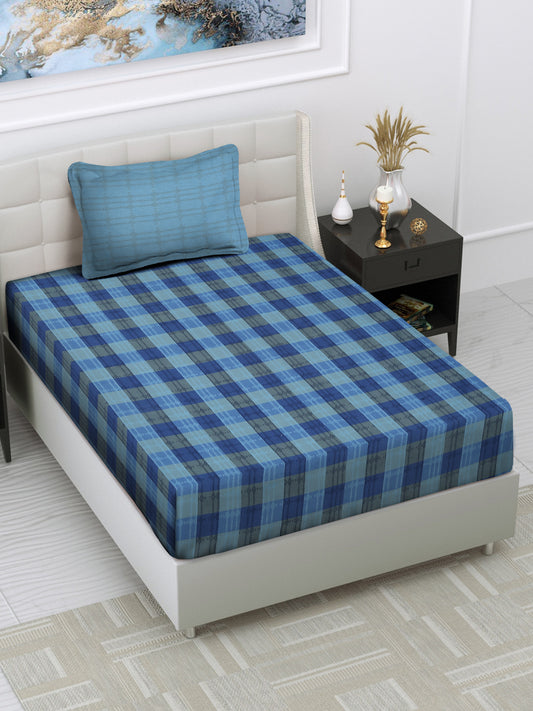 Arrabi Blue Geometric Handwoven Cotton Single Size Bedsheet with 1 Pillow Cover (225 x 150 cm)