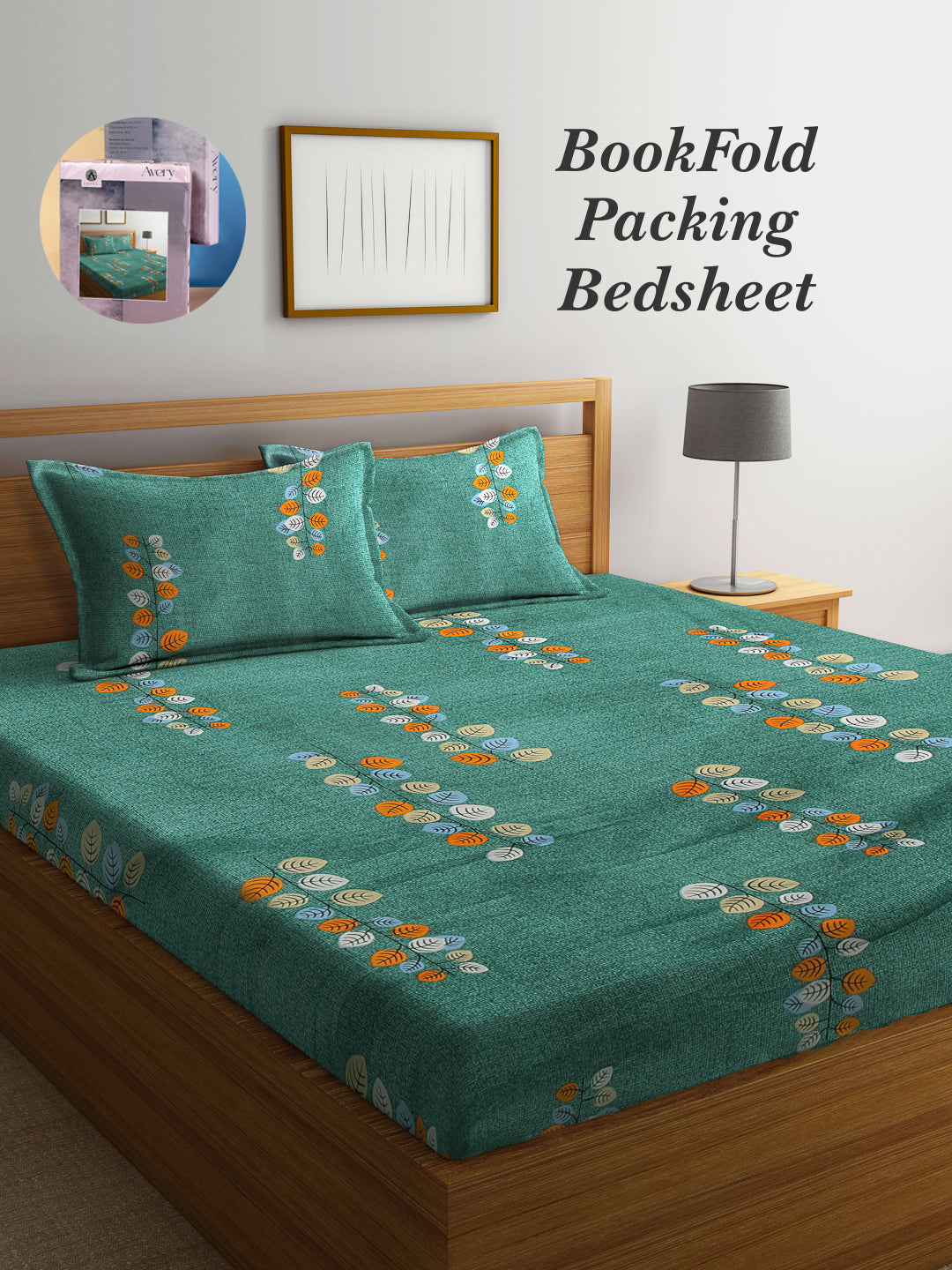 Arrabi Green Leaf TC Cotton Blend King Size Bookfold Bedsheet with 2 Pillow Covers (250 X 215 cm)