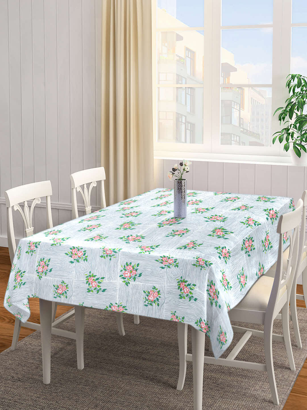 Arrabi Grey Floral Cotton Blend 6 SEATER Table Cover (180 X 130 cm)