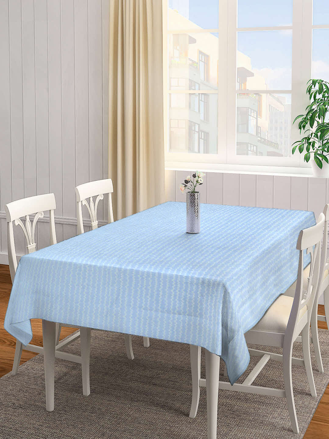 Arrabi Blue Stripes Cotton Blend 8 SEATER Table Cover (215 X 150 cm)