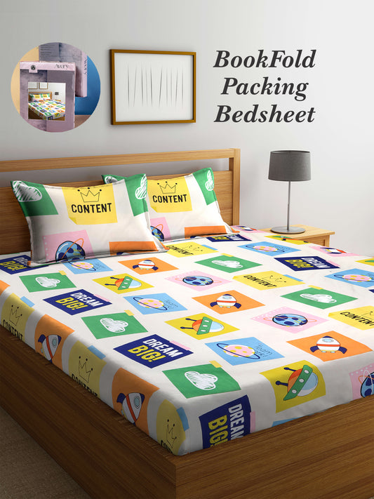 Arrabi Multi Cartoon TC Cotton Blend King Size Bookfold Bedsheet with 2 Pillow Covers (250 X 220 cm)