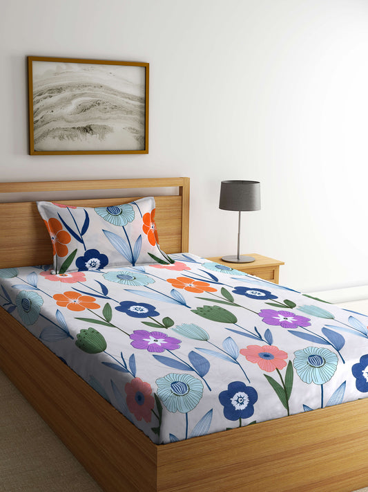 Arrabi Multi Floral TC Cotton Blend Single Size Bedsheet with 1 Pillow Cover (215 x 150 cm)