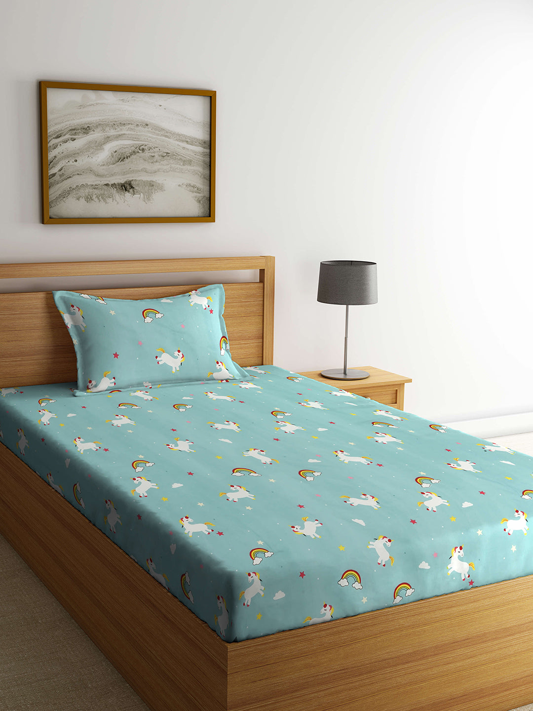 Arrabi Multi Cartoon TC Cotton Blend Single Size Bedsheet with 1 Pillow Cover (215 x 150 cm)