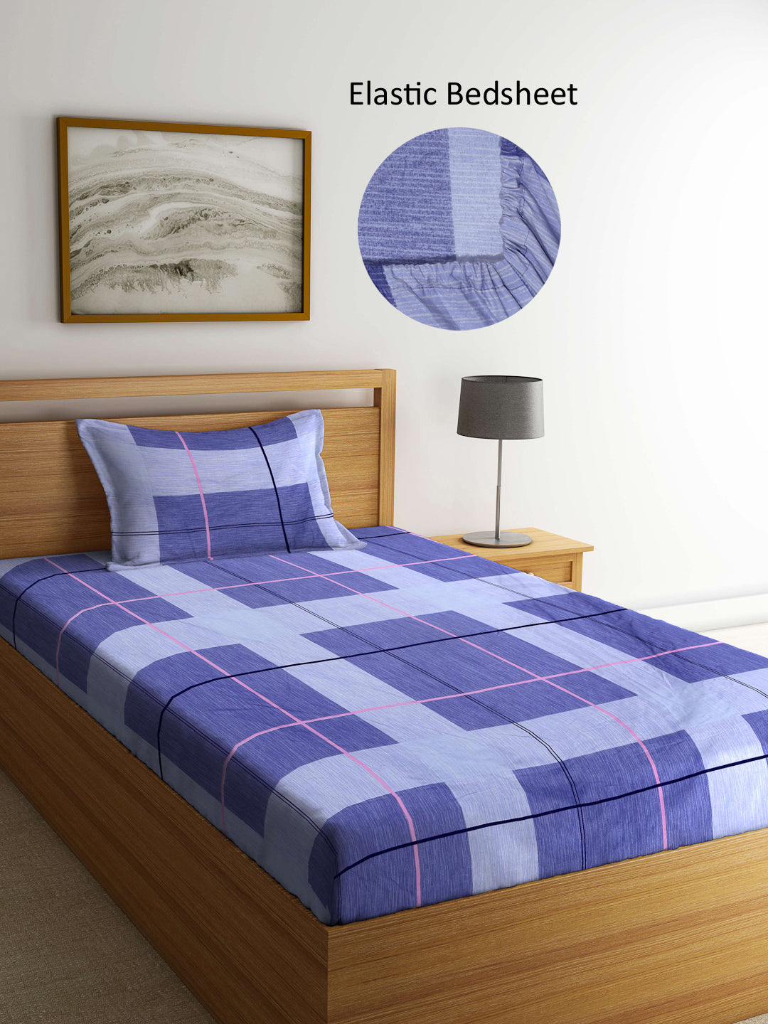 Arrabi Blue Stripes TC Cotton Blend Single Size Fitted Bedsheet with 1 Pillow Cover (215 X 150 cm)