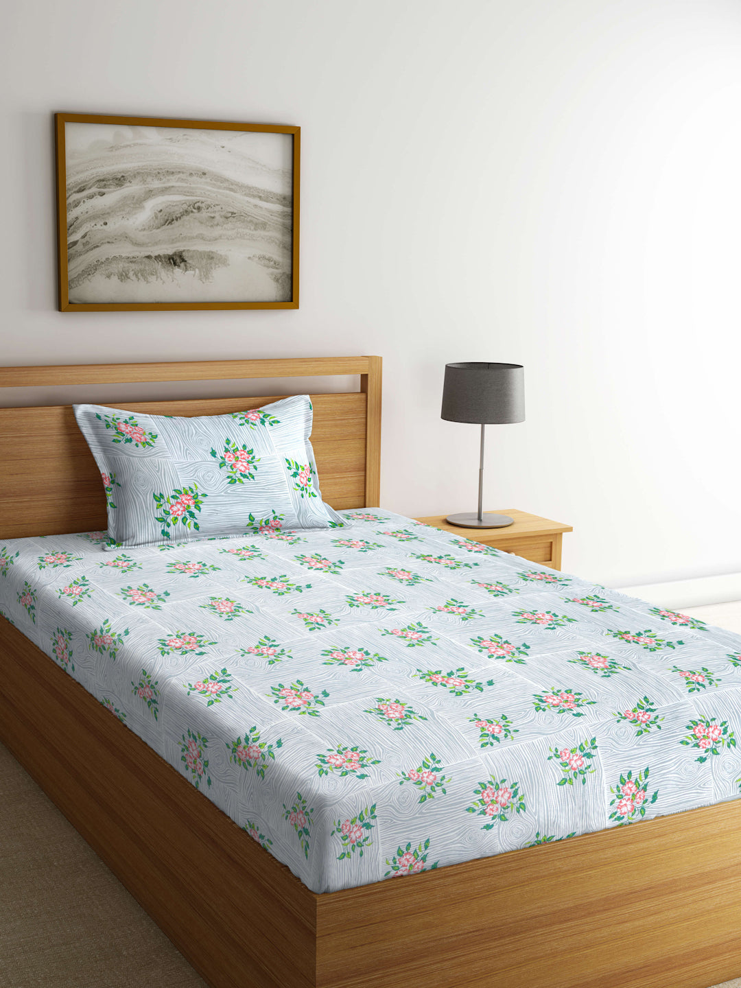 Arrabi Grey Floral TC Cotton Blend Single Size Bedsheet with 1 Pillow Cover (215 X 150 cm)