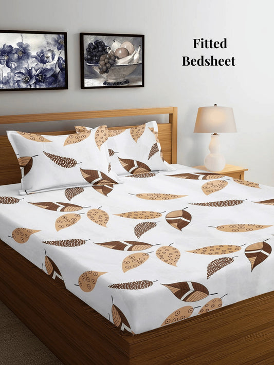 Arrabi Cream Leaf TC Cotton Blend King Size Fitted Bedsheet with 2 Pillow Covers (250 X 215 Cm)