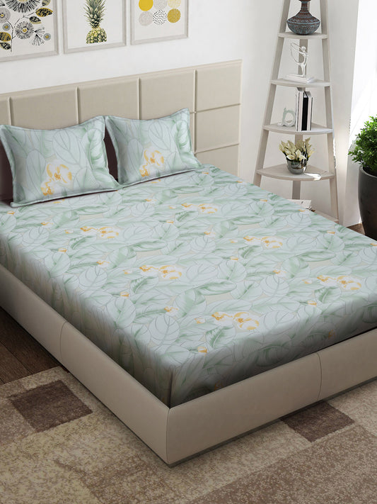 Arrabi Green Floral TC Cotton Blend King Size Bedsheet with 2 Pillow Covers (250 x 215 cm)