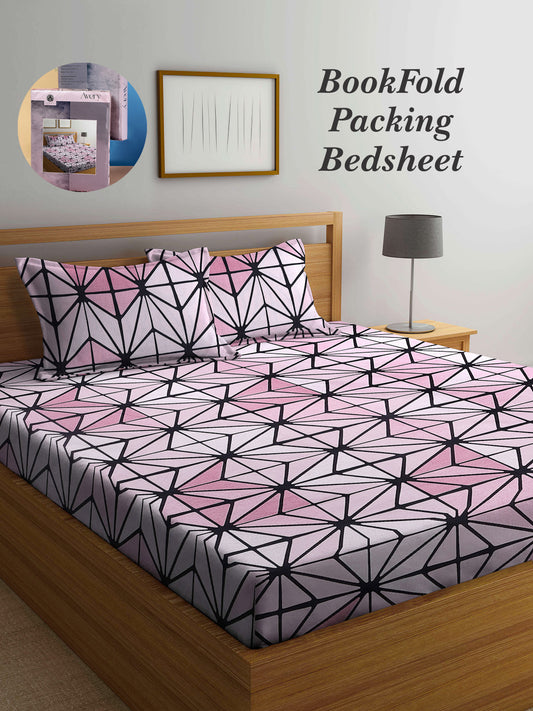 Arrabi Pink Geometric TC Cotton Blend Super King Size Bookfold Bedsheet with 2 Pillow Covers (270 X 260 cm)