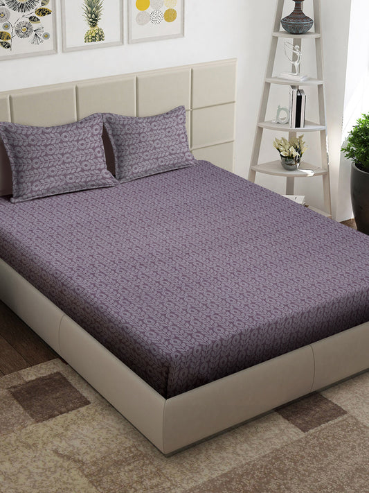 Arrabi Purple Floral 100% Handwoven Cotton Super King Size Bedsheet with 2 Pillow Covers (270 x 260 cm)