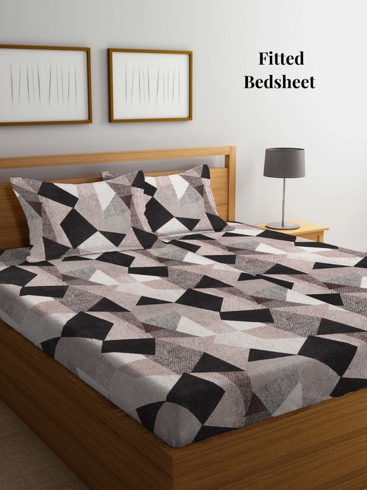 Arrabi Multi Geometric TC Cotton Blend Super King Size Fitted Bedsheet with 2 Pillow Covers (270 X 260 Cm)