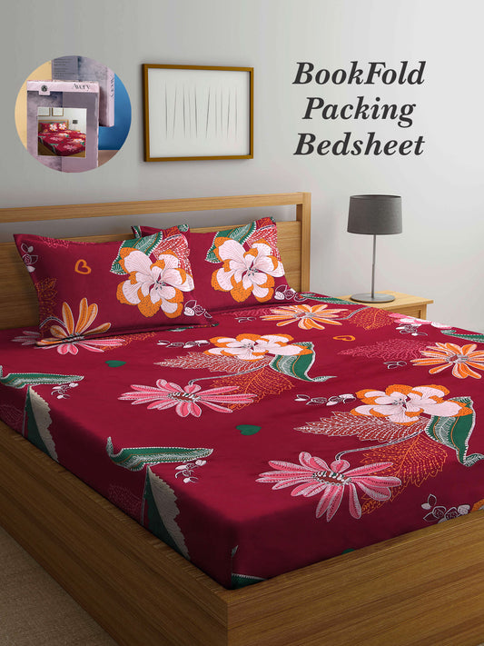 Arrabi Red Floral TC Cotton Blend King Size Bookfold Bedsheet with 2 Pillow Covers (250 X 220 cm)