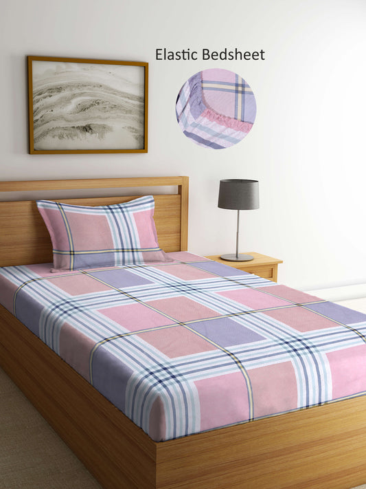 Arrabi Multi Geometric TC Cotton Blend Single Size Fitted Bedsheet with 1 Pillow Cover (215 X 150 cm)