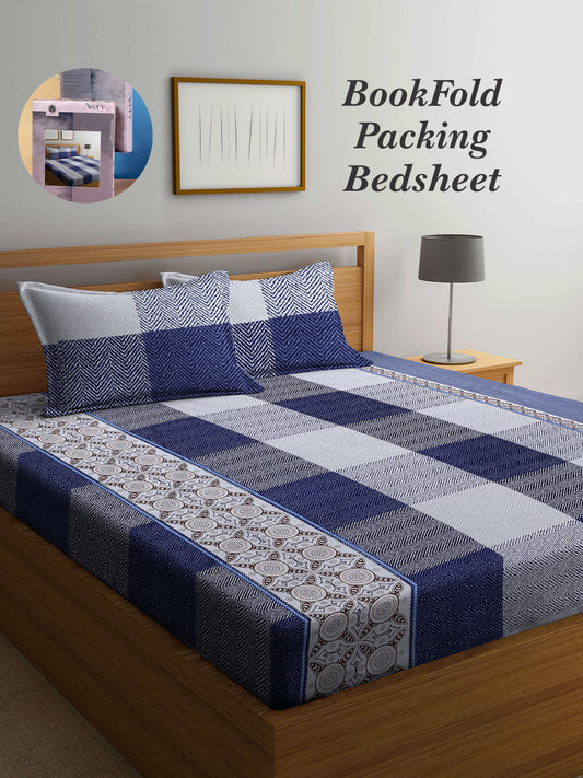 Arrabi Blue Indian TC Cotton Blend Super King Size Bookfold Bedsheet with 2 Pillow Covers (270 X 260 cm)