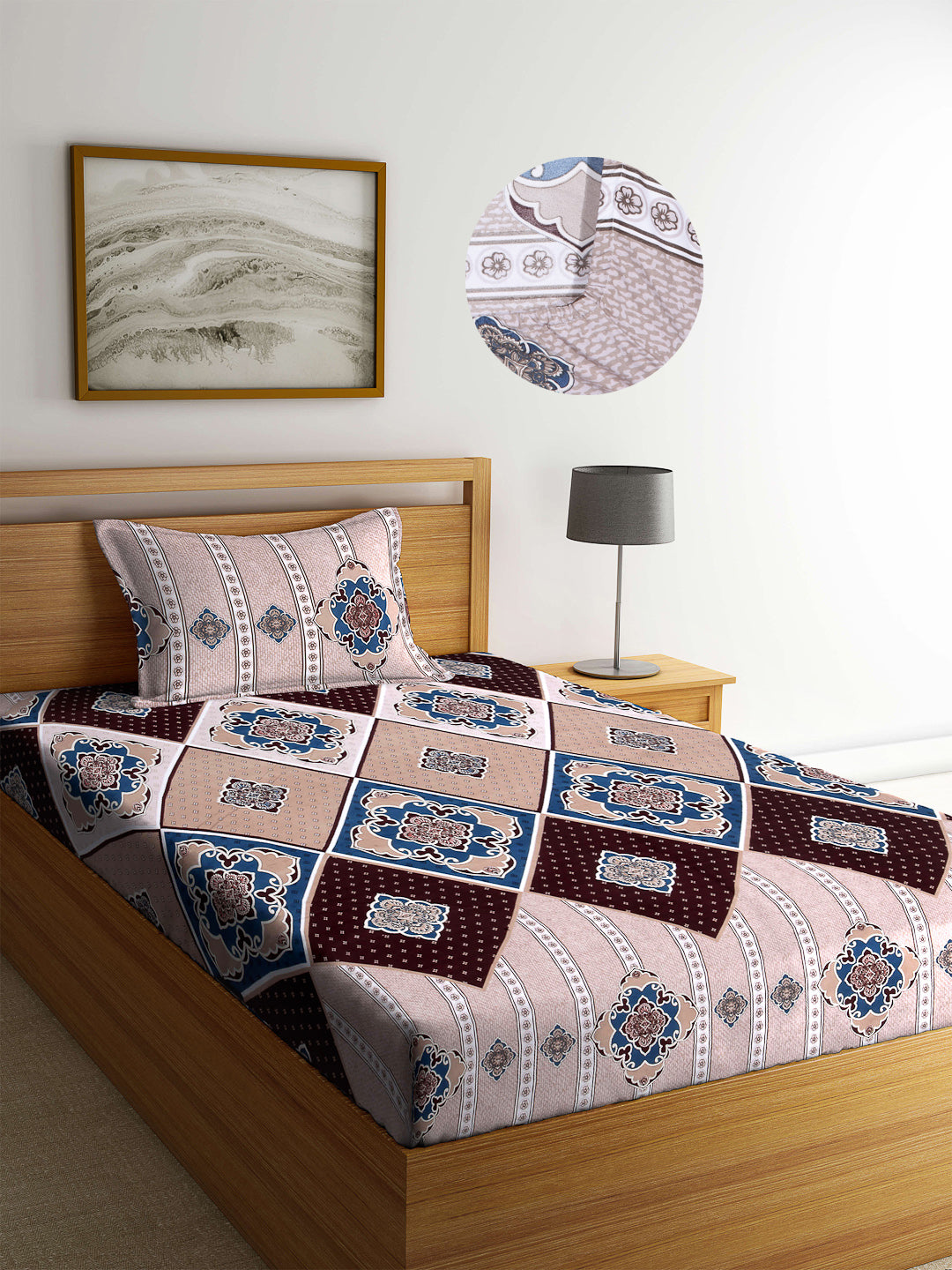 Arrabi Beige Graphic TC Cotton Blend Single Size Fitted Bedsheet with 1 Pillow Cover (220 X 150 cm)