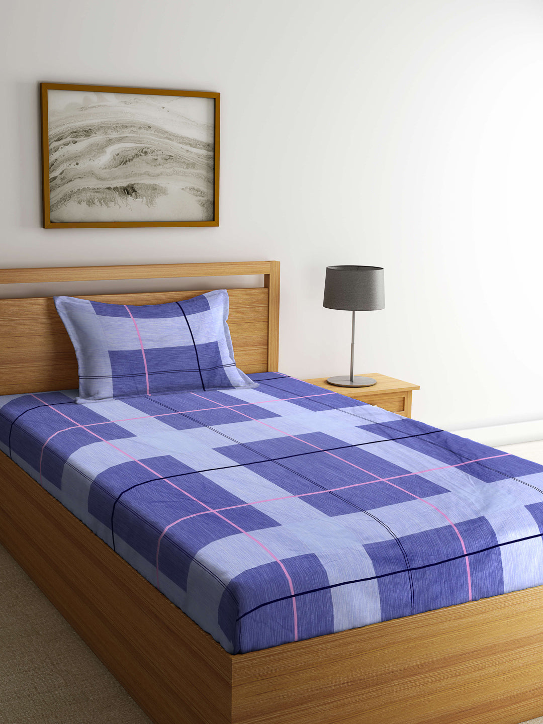 Arrabi Blue Geometric TC Cotton Blend Single Size Bedsheet with 1 Pillow Cover (215 x 150 cm)