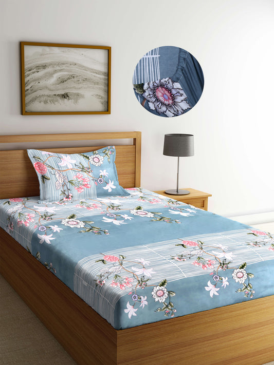Arrabi Multi Floral TC Cotton Blend Single Size Fitted Bedsheet with 1 Pillow Cover (220 X 150 cm)