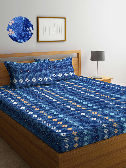 Arrabi Blue Floral TC Cotton Blend King Size Fitted Bedsheet with 2 Pillow Covers (250 X 215 Cm)
