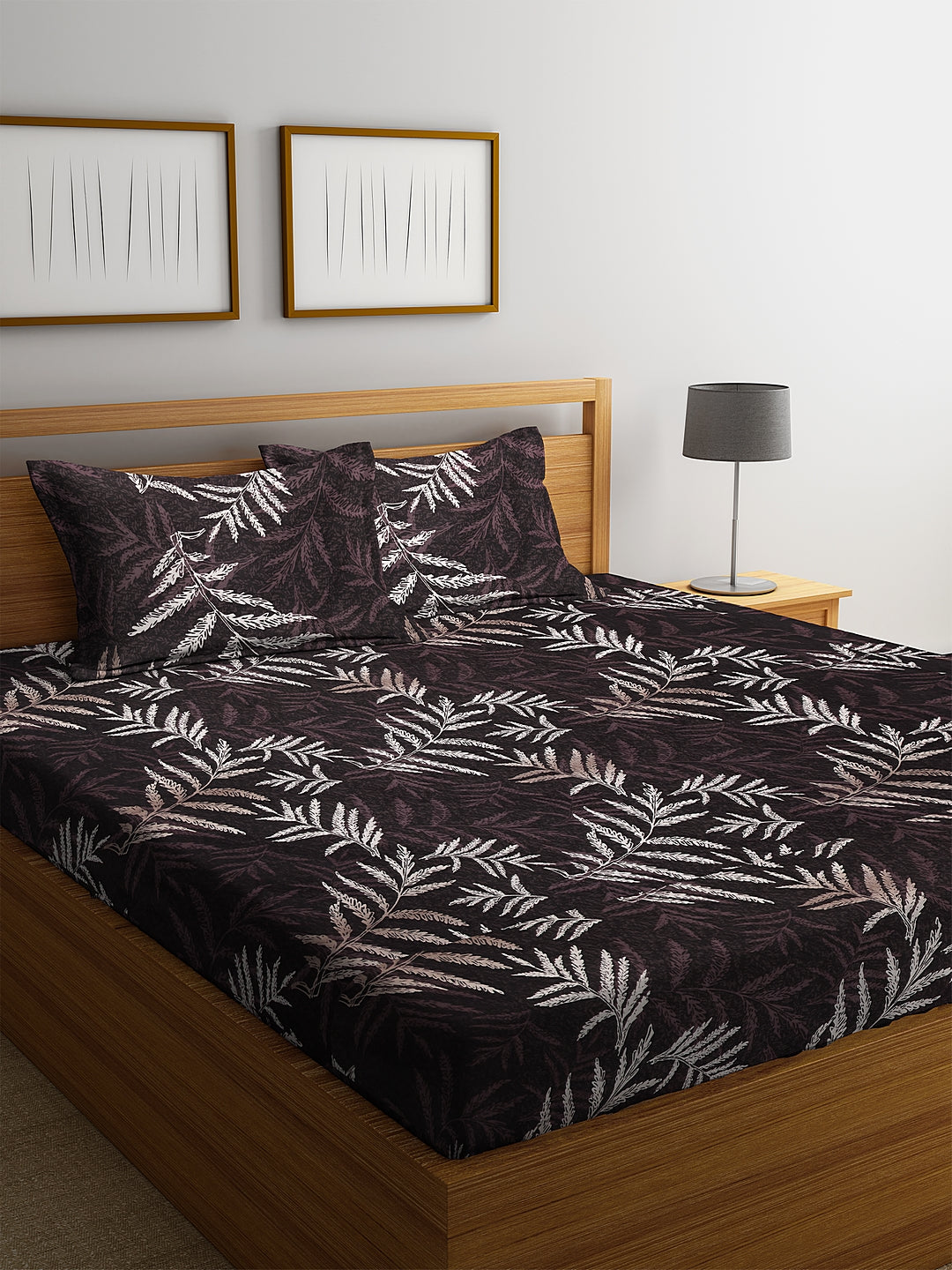 Arrabi Brown Leaf TC Cotton Blend King Bedsheet with 2 Pillow Cover (250 x 220 cm)