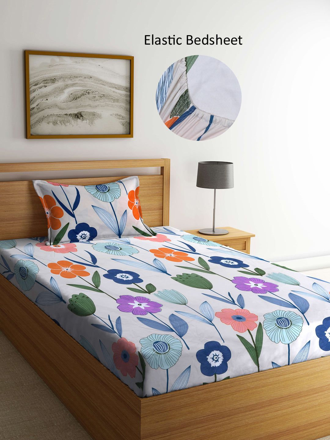 Arrabi Multi Floral TC Cotton Blend Single Size Fitted Bedsheet with 1 Pillow Cover (215 X 150 cm)