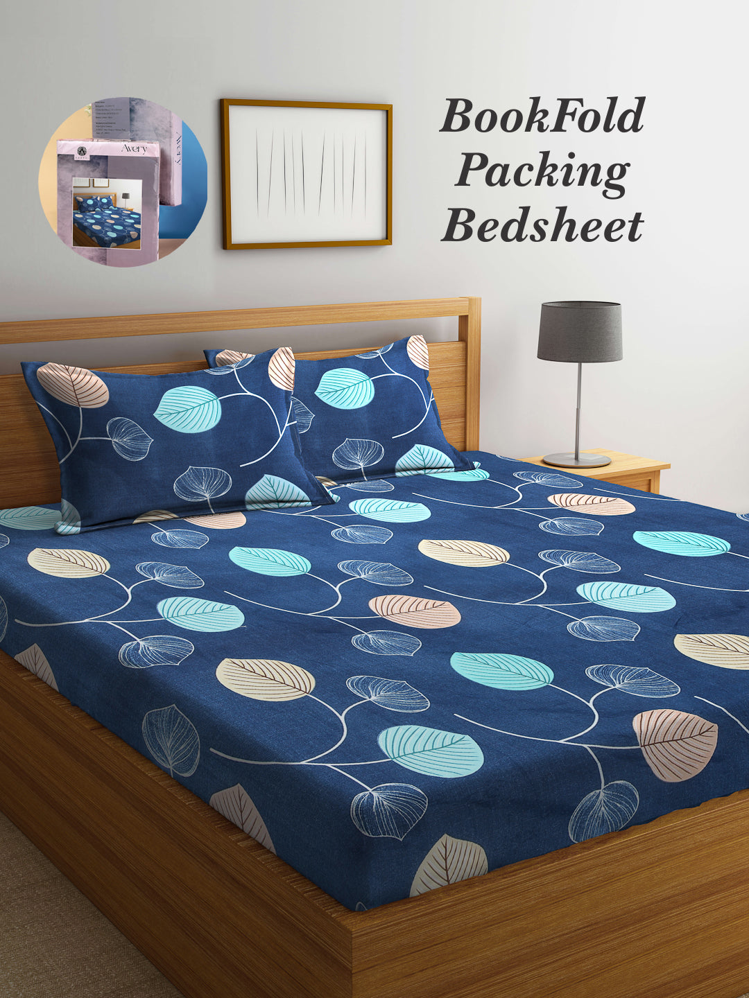 Arrabi Blue Leaf TC Cotton Blend King Size Bookfold Bedsheet with 2 Pillow Covers (250 X 215 cm)