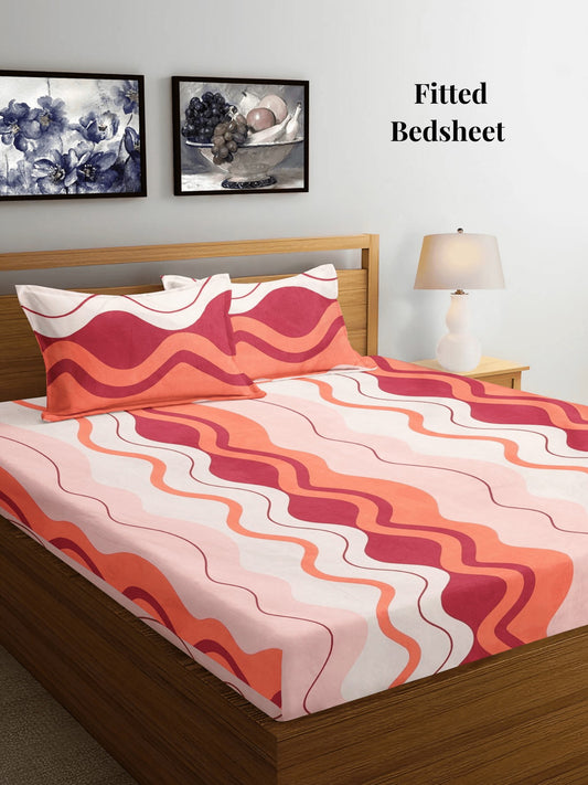 Arrabi Pink Stripes TC Cotton Blend King Size Fitted Bedsheet with 2 Pillow Covers (250 X 215 Cm)