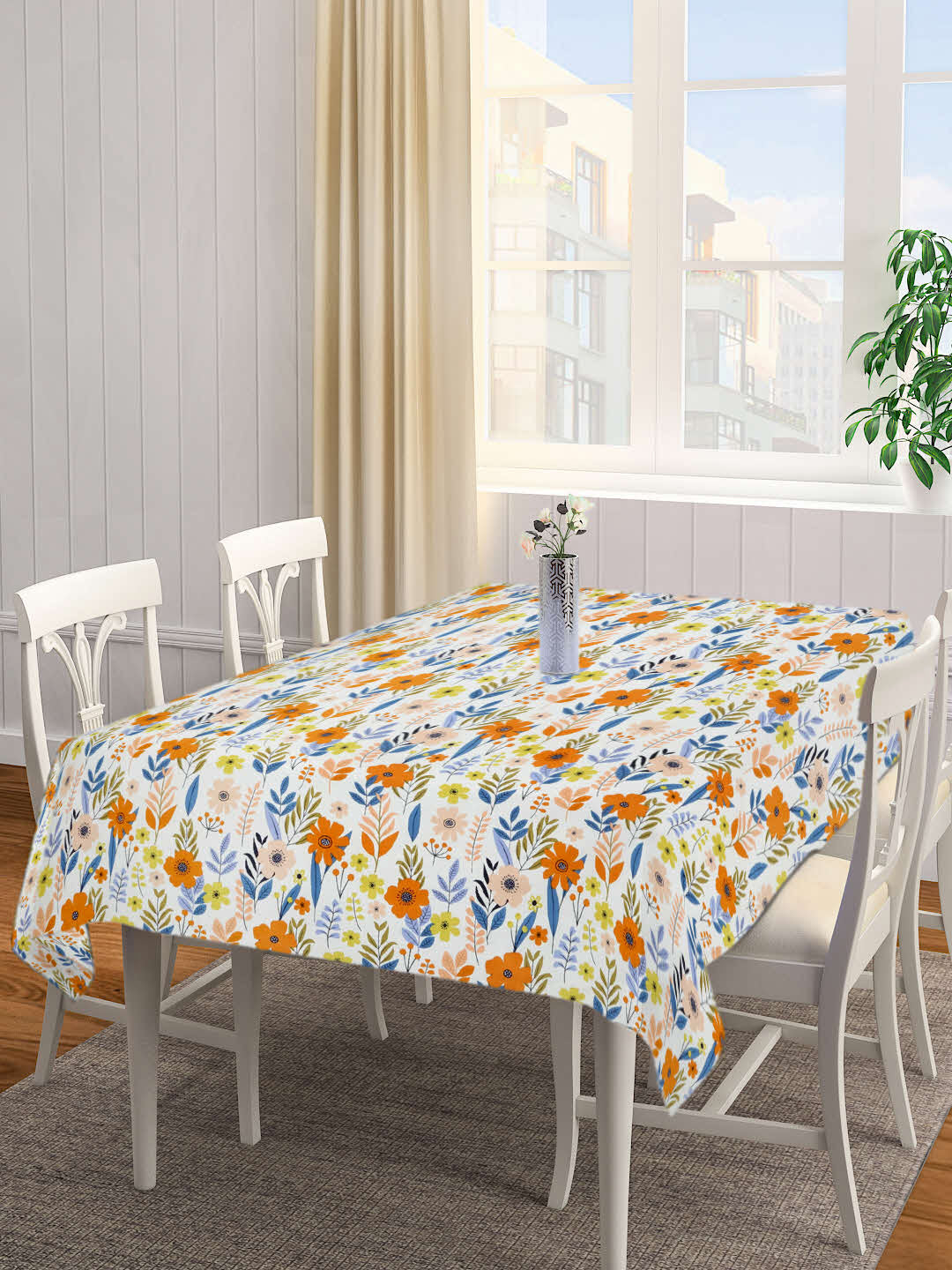 Arrabi Cream Floral Cotton Blend 6 SEATER Table Cover (180 X 130 cm)