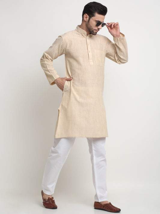 Arrabi Men Cream Pure Cotton Solid Kurta with Churidar Pyjama