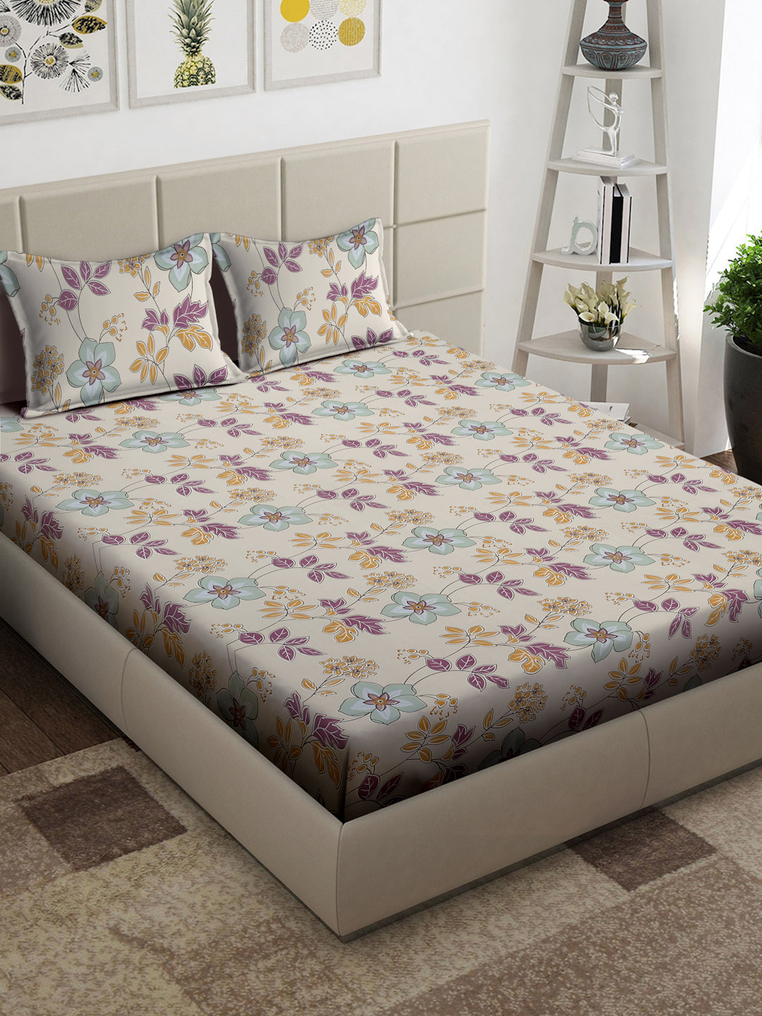 Arrabi Beige Floral TC Cotton Blend King Size Bedsheet with 2 Pillow Covers (250 x 215 cm)