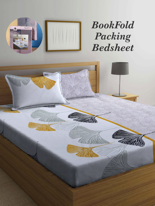 Arrabi Grey Leaf TC Cotton Blend Super King Size Bookfold Bedsheet with 2 Pillow Covers (270 X 260 cm)