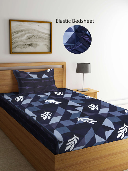 Arrabi Blue Geometric TC Cotton Blend Single Size Fitted Bedsheet with 1 Pillow Cover (215 X 150 cm)