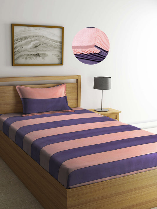 Arrabi Peach Stripes TC Cotton Blend Single Size Fitted Bedsheet with 1 Pillow Cover (220 X 150 cm)