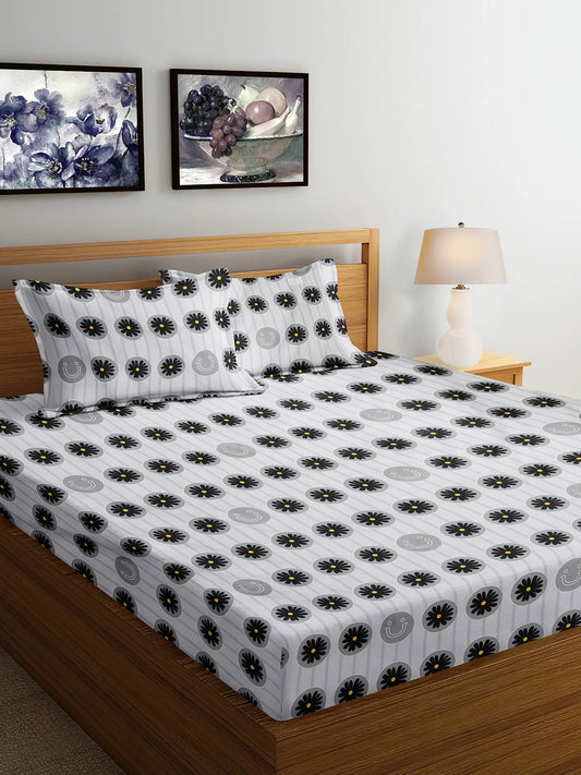 Arrabi Grey Floral TC Cotton Blend Super King Size Bedsheet with 2 Pillow Covers (270 x 260 cm)