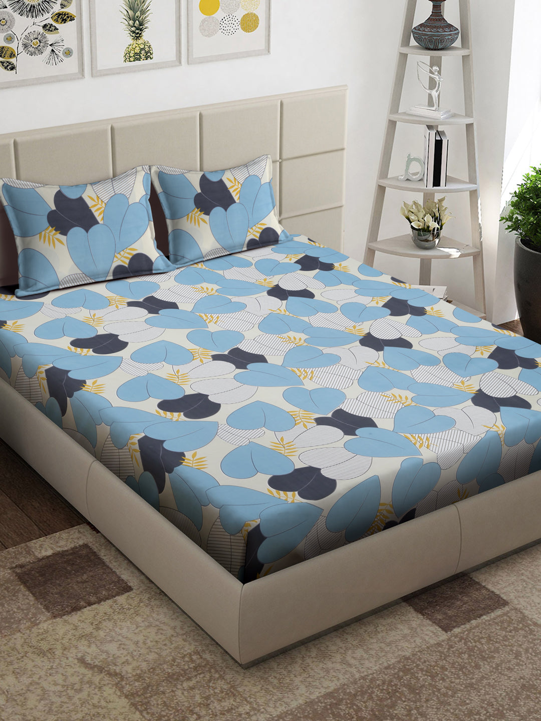 Arrabi Blue Geometric TC Cotton Blend King Size Bedsheet with 2 Pillow Covers (250 x 215 cm)