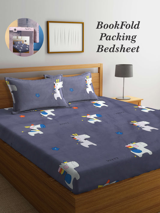 Arrabi Grey Cartoon TC Cotton Blend King Size Bookfold Bedsheet with 2 Pillow Covers (250 X 215 cm)