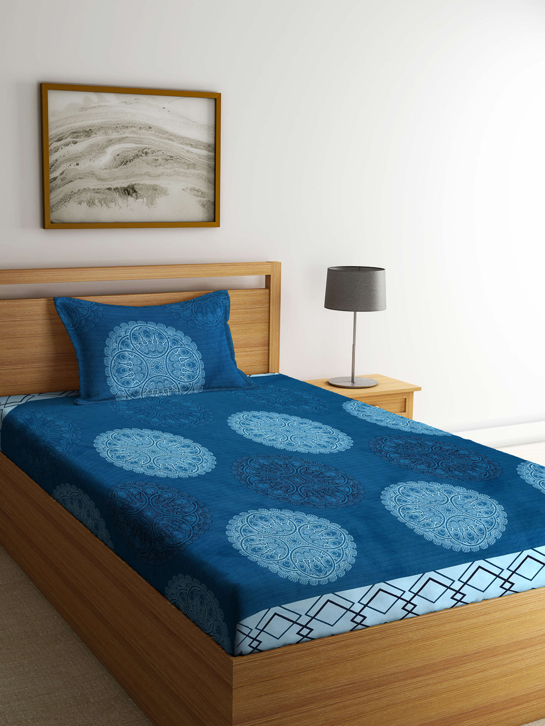 Arrabi Blue Indian TC Cotton Blend Single Size Bedsheet with 1 Pillow Cover (215 x 150 cm)