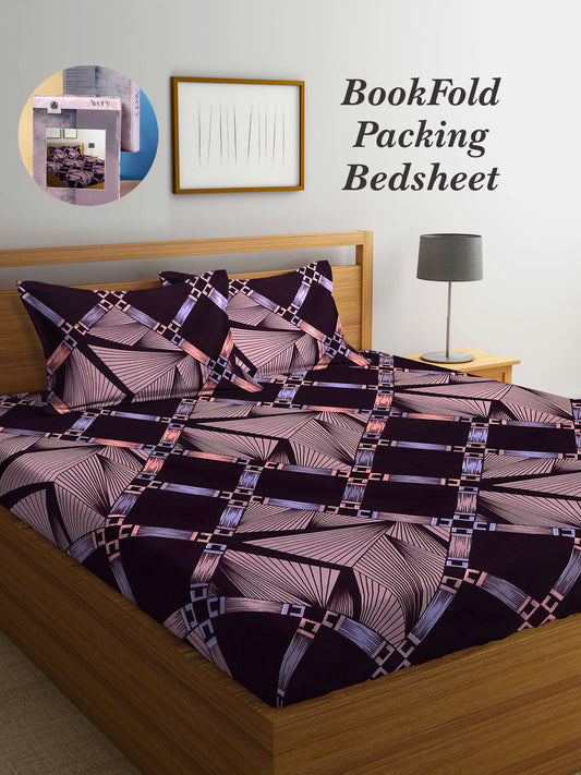 Arrabi Brown Geometric TC Cotton Blend King Size Bookfold Bedsheet with 2 Pillow Covers (250 X 215 cm)