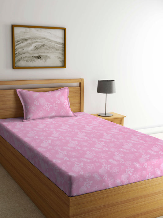 Arrabi Pink Floral TC Cotton Blend Single Size Bedsheet with 1 Pillow Cover (220 x 150 cm)