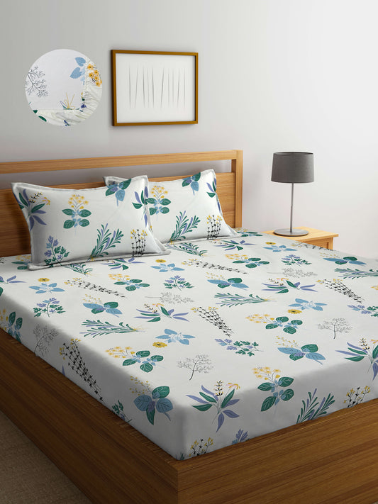 Arrabi White Floral TC Cotton Blend King Size Fitted Bedsheet with 2 Pillow Covers (250 X 215 Cm)