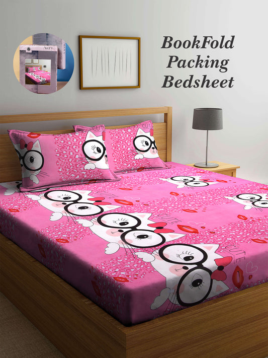 Arrabi Pink Cartoon TC Cotton Blend King Size Bookfold Bedsheet with 2 Pillow Covers (250 X 220 cm)