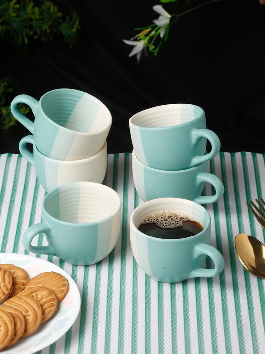 Arrabi Turquoise Handcrafted Printed Stoneware Matte Stripes Tea set (Set of 6)