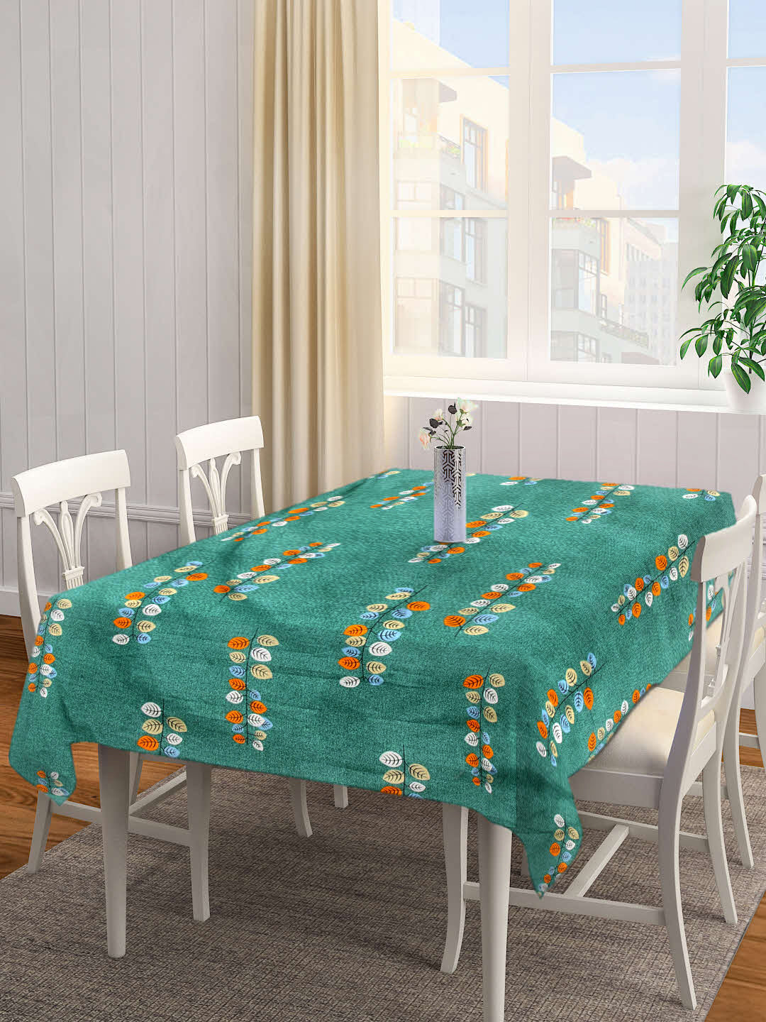 Arrabi Green Leaf Cotton Blend 8 SEATER Table Cover (215 X 150 cm)