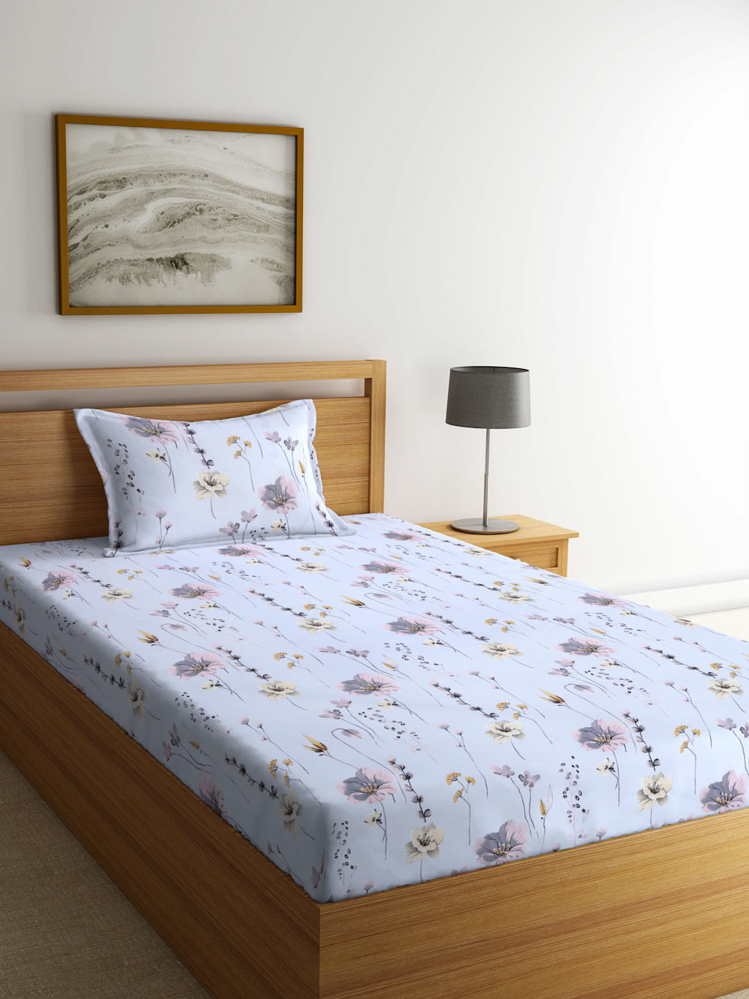 Arrabi Grey Floral TC Cotton Blend Single Size Bedsheet with 1 Pillow Cover (215 X 150 cm)