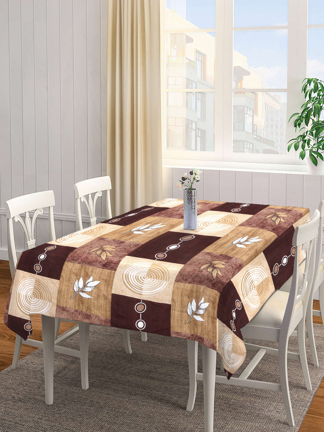 Arrabi Brown Geometric Cotton Blend 6 SEATER Table Cover (180 X 130 cm)