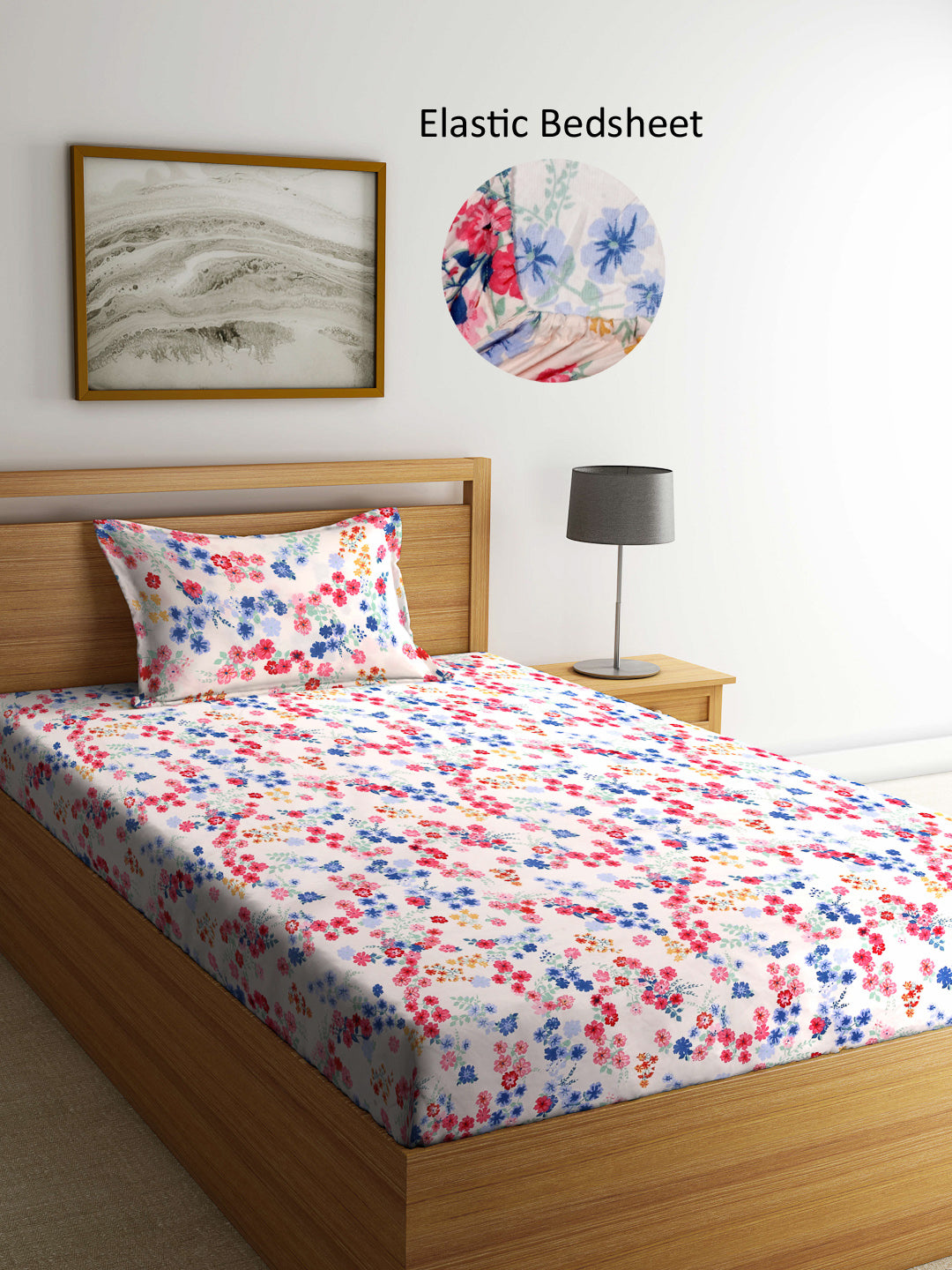 Arrabi Pink Floral TC Cotton Blend Single Size Fitted Bedsheet with 1 Pillow Cover (215 X 150 cm)