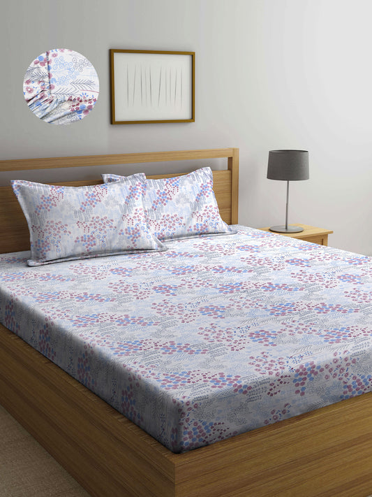 Arrabi White Floral TC Cotton Blend Super King Size Fitted Bedsheet with 2 Pillow Covers (270 x 260 cm)