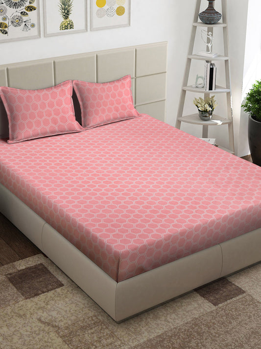 Arrabi Pink Geometric TC Cotton Blend King Size Bedsheet with 2 Pillow Covers (250 x 215 cm)