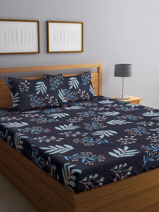 Arrabi Black Leaf TC Cotton Blend King Size Bedsheet with 2 Pillow Covers (250 x 215 cm)